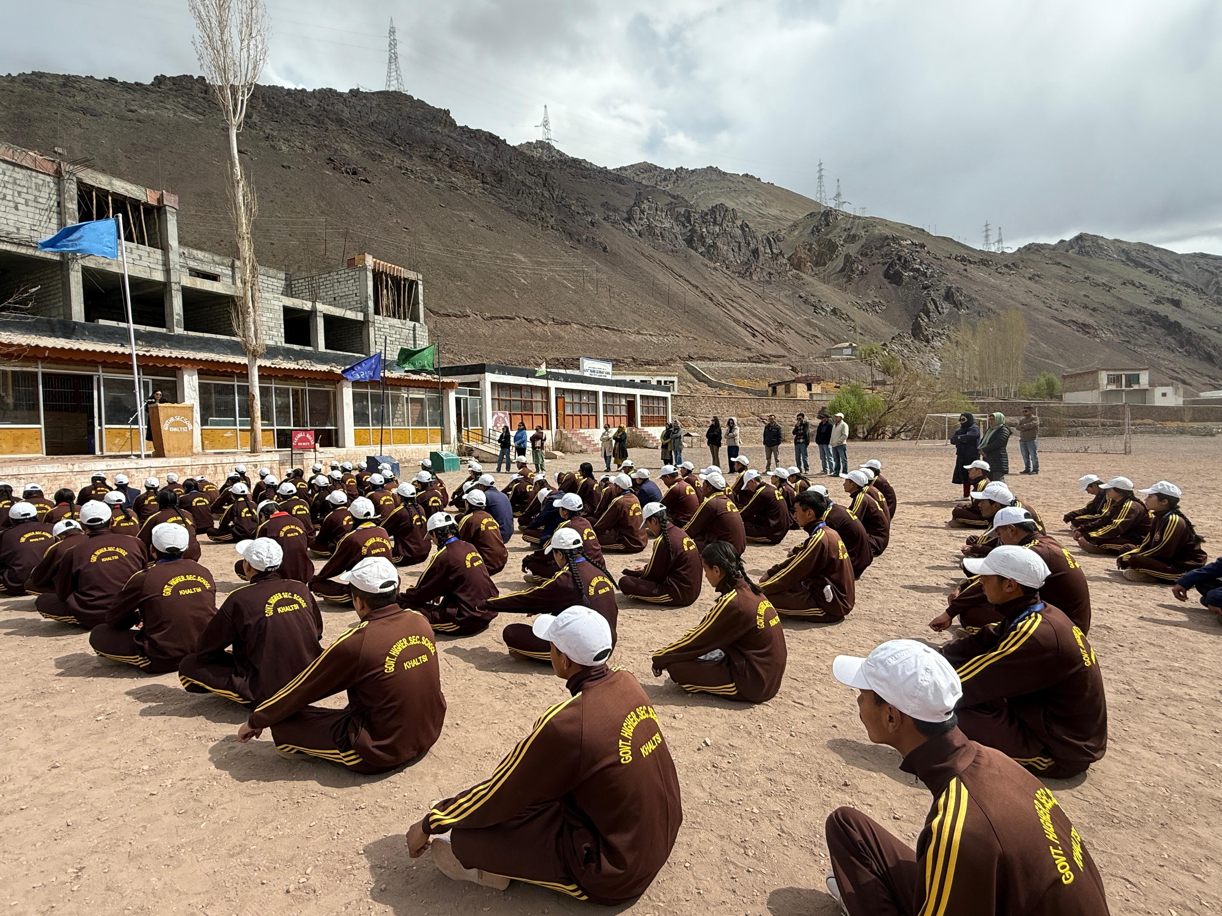 Govt. Higher Secondary School Khaltsi campus with staff in front of the school building